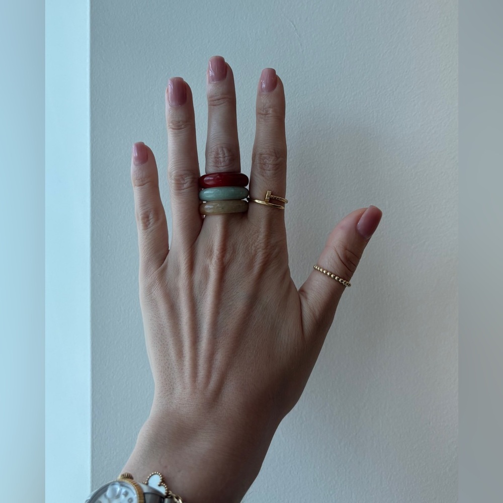 Stone Trilogy Stack Yellow Jade Red Agate Aventurine Ring Set Of 3 Bands, Size 7 - Picture 4 of 9